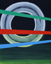 An Abstract Painting With A Rough White Circle Overlaid By Bands
