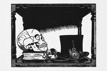 A Woodcut Print Of A Rather Smug Looking Skull.