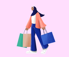 Illustration Of A Muslim Woman In Hijab, Carrying Shopping Bags