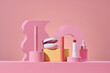 © Marc Tran/Stocksy - Make up products on pink geometric scene background with arch podium