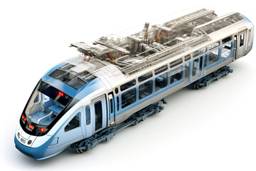 Projection of a modern train or electric locomotive. 3D graphic visualization showing the analysis and optimization of a fully developed train prototype. Modern technologies of mechanical engineering.