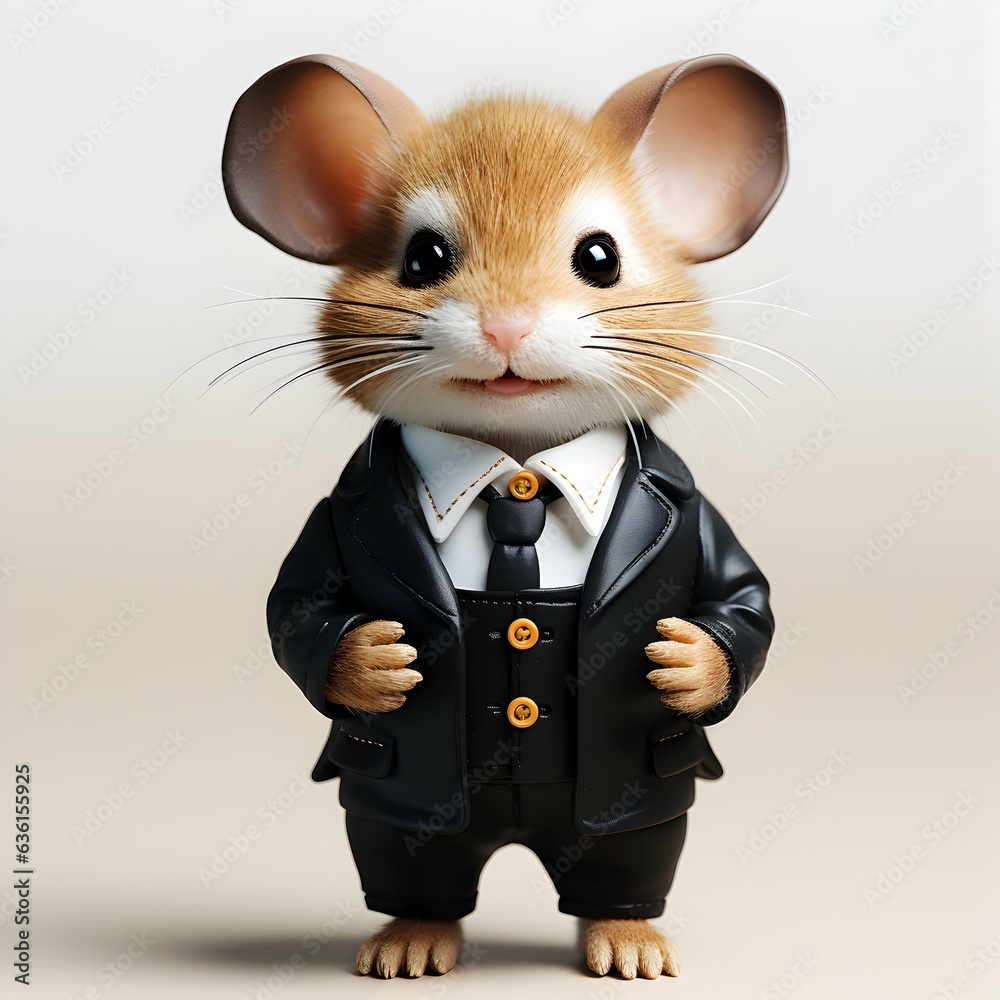Full body 3d character of a cute mouse wearing a black suit on a white ...