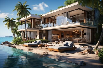 modern beachfront villa that maximizes ocean views, incorporating expansive glass walls, a private infinity pool, and a seamless transition between indoor and outdoor living areas.Generated with AI