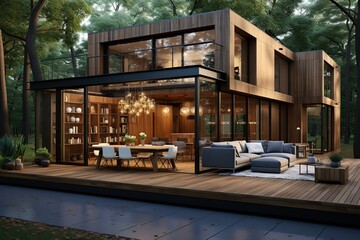 container house that seamlessly blends indoor and outdoor living. Highlight large sliding glass doors, a spacious deck, and a lush garden to emphasize the connection to nature.Generated with AI