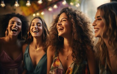 Generation Z women laughing and having fun in a vibrant studio setting celebrating their friendship and good times Multicultural friends enjoy the weekend together