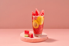 Summer Fresh Fruit With Watermelon And Kiwi Drink In Glasses
