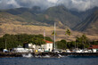 The waterfront of Lahaina Maui from the harbor including stores, museums and restaurants on Front Street, Hawaii