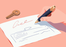 An Illustration Of A Man's Hand Signing A Title Deed Next To A Key