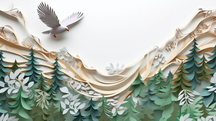 Flying bird paper cut wavy background.