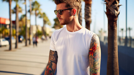 Caucasian tattooed stylish young male person standing in street with white skinny in evening