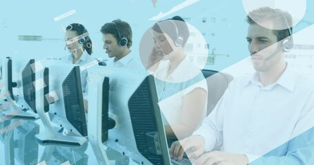 Poster - Animation of data processing on diverse colleagues talking on phone headsets while working at office