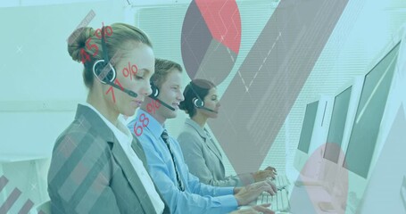 Poster - Animation of data processing on diverse colleagues talking on phone headsets while working at office