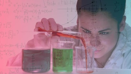 Poster - Animation of mathematical equations over biracial female scientist pouring chemical in a beaker