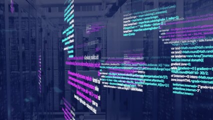 Aufkleber - Animation of multicolored computer language with binary codes over server room