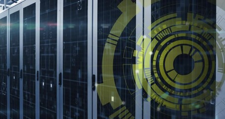 Poster - Animation of loading circles and viewfinders with lens flares over server racks in server room
