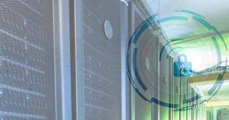 Poster - Animation of padlock in loading circles over data server racks in server room