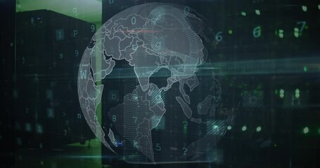 Poster - Animation of multiple texts, letters, numbers, symbols over globe and padlock against buildings