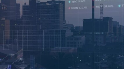 Poster - Animation of multiple graphs and trading board over modern city against sky