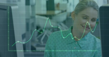 Poster - Animation of statistical data processing over caucasian woman talking to her colleagues at office