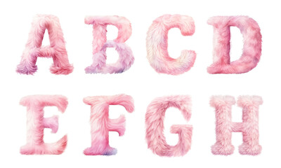 Watercolor cute soft pink fluffy adorable knitted kawaii letters. Сapital letters of the English alphabet: a, b, c, d, e, f, g, h.