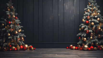 Wall Mural - Christmas trees with beautiful festive balls and space for text over wall. Christmas background