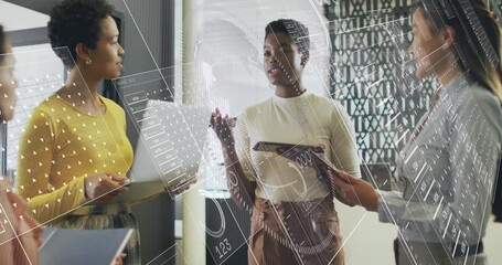 Poster - Animation of interface with data processing against group of diverse women discussing at office
