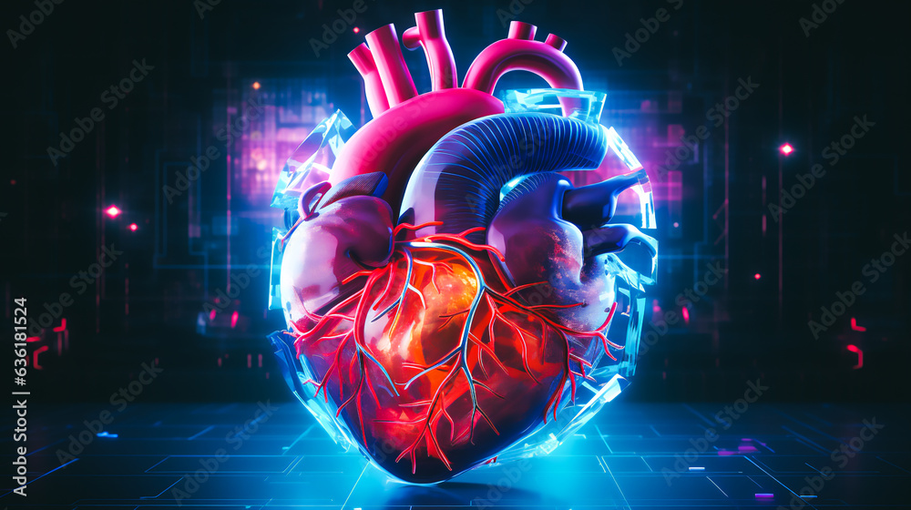a vibrant digital representation of a human heart superimposed with a ...