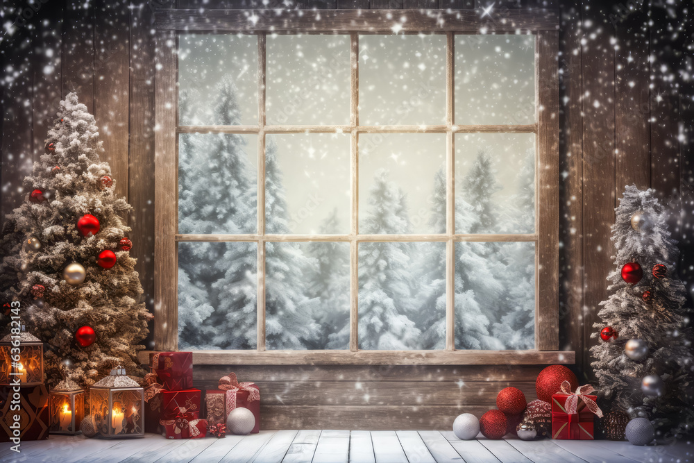 Christmas scene with tree and decorations, lights, balls, gifts in ...