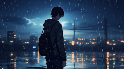 A person in the rain  Anime boy standing in rain