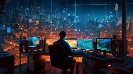 man writing in big sized room with computer desk