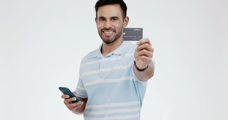 Sticker - Credit card, happy and man face with phone in studio for ecommerce, payment or sale on white background. Portrait, smile and customer with smartphone app for online shopping, deal or sign up cashback