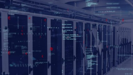 Aufkleber - Animation of mathematical equations, binary codes and computer language over server room