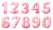 Watercolor cute soft pink fluffy adorable knitted kawaii numbers: 1, 2, 3, 4, 5, 6, 7, 8, 9, 0