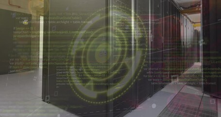 Poster - Animation of icons, computer language and loading circle over serve room