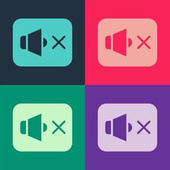 Poster - Pop art Speaker mute icon isolated on color background. No sound icon. Volume Off symbol. Vector