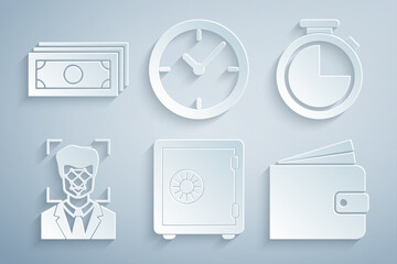 Poster - Set Safe, Stopwatch, Face recognition, Wallet, Clock and Stacks paper money cash icon. Vector