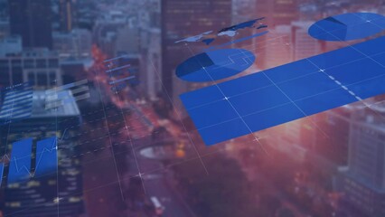 Poster - High angle view of roads glowing in the city, with a business graph interface in the background