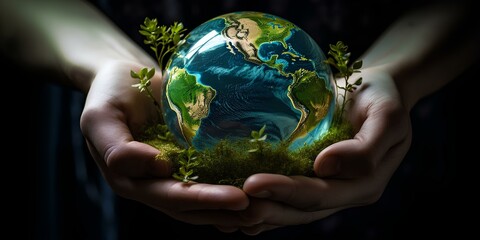 Hands holding a planet with leaves.