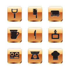 Poster - set peeler, gas stove, scales, knife, coffee cup, toaster, chef hat and meat chopper icon. vector