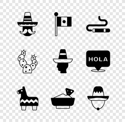 Sticker - Set Mexican man sombrero, Mexico flag, Cigar, Pinata, Nachos bowl, Cactus and icon. Vector