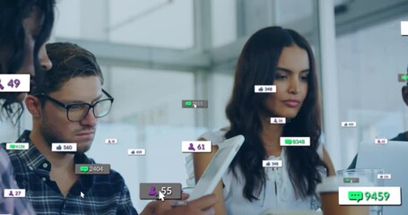 Poster - Animation of network of digital icons over couple using using tablet social media