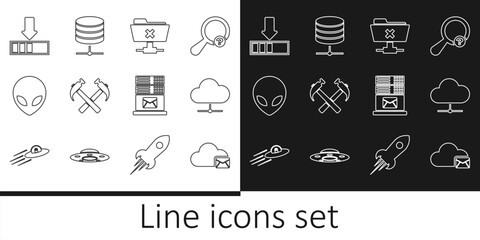 Poster - Set line Cloud mail server, Network cloud connection, FTP cancel operation, Two crossed hammers, Alien, Loading, Mail and Server, Data, Web Hosting icon. Vector