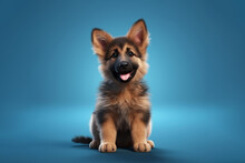 A Puppy German Shepherd Dog On A Blue Background. 