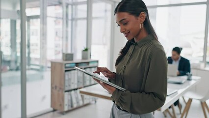 Poster - Business woman, tablet and internet in office while online for networking, communication and email. Indian female entrepreneur with technology for social media, search and planning on corporate app