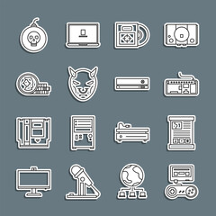 Poster - set line game console with joystick, guide, computer keyboard, cd or dvd disk in box, mask of the de