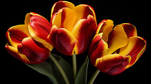 Image Of Three Red And Yellow Tulips On Black Background