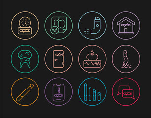 Sticker - Set line No smoking, Cigarette butt, Inhaler, area, Tooth with caries, time, Heartbeat increase and Lungs x-ray diagnostics icon. Vector