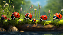 Ladybugs Family On A Grass Bridge