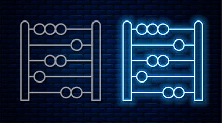 Poster - Glowing neon line Abacus icon isolated on brick wall background. Traditional counting frame. Education sign. Mathematics school. Vector