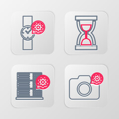 Poster - Set line Photo camera setting, Server, Old hourglass with sand and Wrist watch icon. Vector
